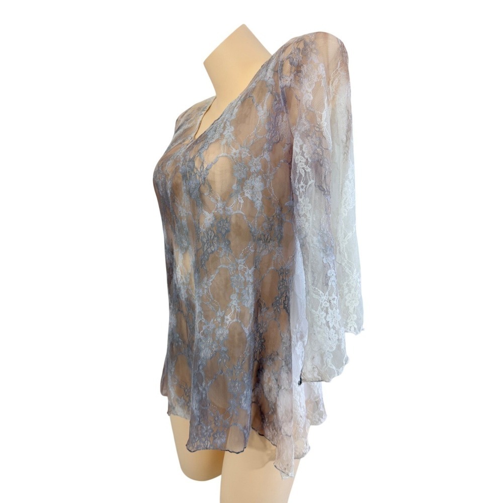 Brittany Blake Fairycore Whimsigoth Sheer Lace Bell Sleeve Marble Print Top L - Picture 10 of 13
